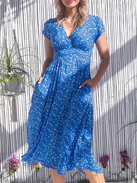 

Abito Bohemian Maniche Corte Misto Cotone, Blu, Casual Dresses