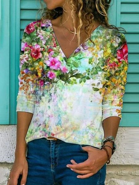 

Casuale Maniche Lunghe Scollo a V Stampato Floreale Top, Multicolore, T-Shirts