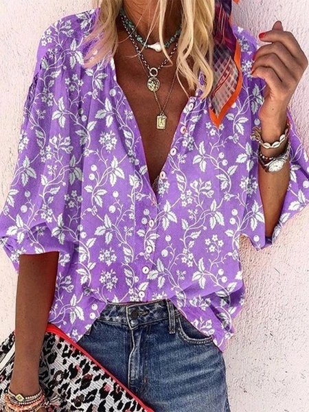 

Vintage Mezza Manica Floreale Le foglie Stampato Scollo a V taglia grande Casuale Top, Viola, Blouses & Shirts