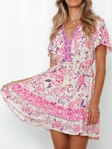 

Scollo a V Maniche Corte Bohemian Stampato Abito, Rosa, Mini Dresses