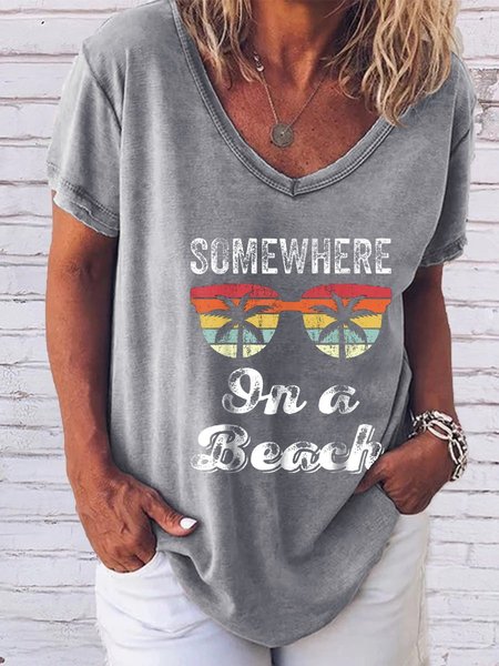 

Somewhere On A Beach Graphic V-neck Tee, Gray, T-shirts