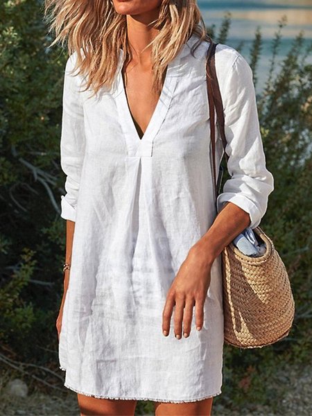 

Scollo a V Maniche Lunghe Tinta unita Gonna Casuale, Bianco, Dresses