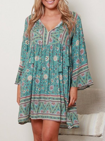 

Abito Floreale Maniche Lunghe Scollo a V Vacanza, Grigio verde, Mini Dresses