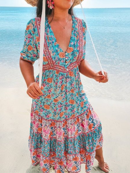 Casuale Maniche Corte Stampato Abito, Blu, Midi Dresses
