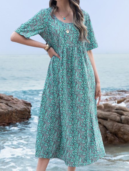 Summer Printed Midi Dress Crew Neck Dresses, Green, Casual Dresses