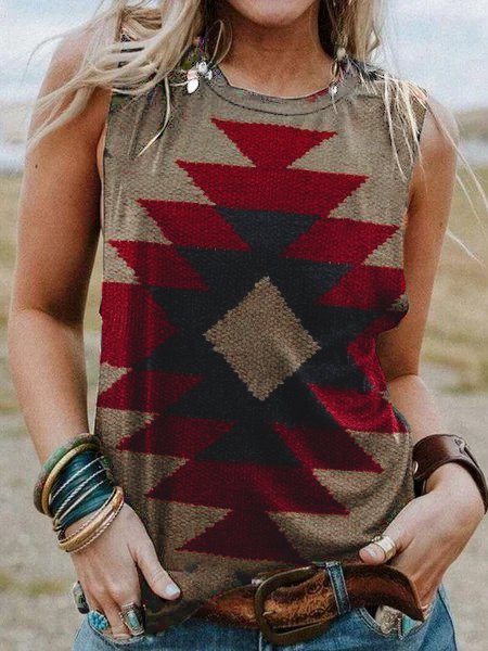 

Vintage Sleeveless Crew Neck Tribal Tank, Khaki, Tanks and Camis