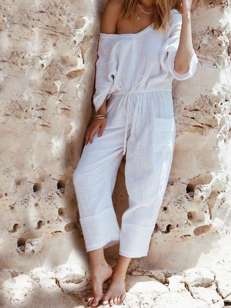 

Solid Long Sleeve Cotton Casual Jumpsuit & Romper, White, Jumpsuits＆Rompers
