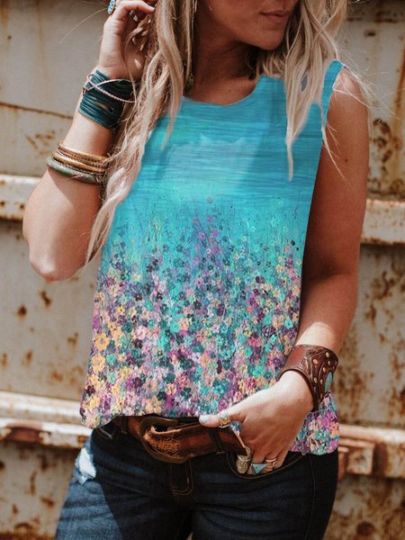 

Floreale senza maniche Stampato Floreale Girocollo Top, Blu, Tank Top