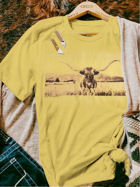 Creamy White Printed Short Sleeve T-shirt, Yellow, T-Shirts