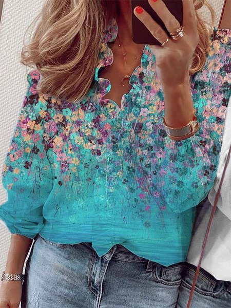 

V Neck Long Sleeve Printed Cotton-Blend Tops, Blue, Blouses & Shirts