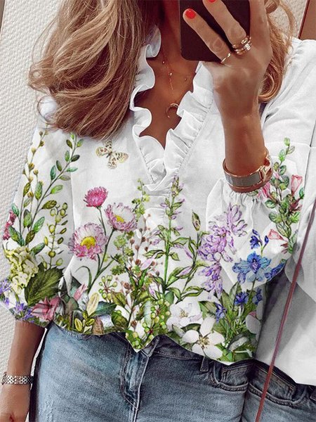 

Casuale Stampato Floreale Maniche Lunghe Scollo a V Top, Bianco, Blouses & Shirts