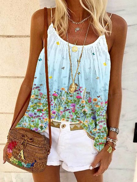 Casuale Misto Cotone Spaghetti Top, Fiore, Tank Top