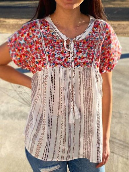 

Short Sleeve V Neck Shift Printed Shirts & Tops, Red, Auto-Clearance