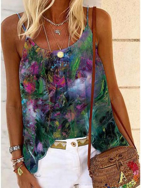 

Printed Casual Sleeveless Spaghetti Tops, Multicolor, Tank Top