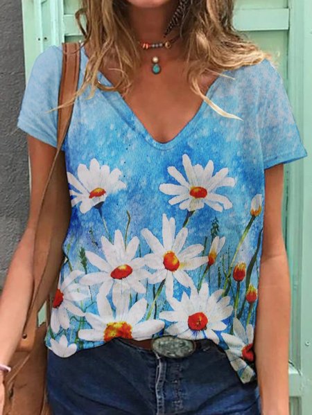 

Blue Daisy Print Women's T-Shirt, T-shirts