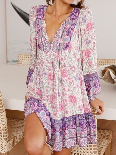 

Bohemian Stampata Floreale Scollo a V Abito, Viola chiaro, Mini Dresses