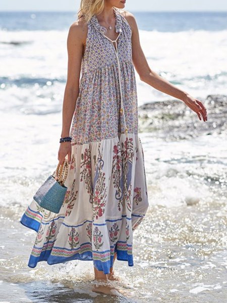 

Floreale Scollo a V Misto Cotone senza maniche Abito, Blu, Maxi Dresses