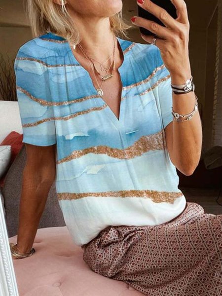 Stampato Casuale Scollo a V Misto Cotone Top, Blu, T-Shirts