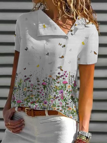 

Short Sleeve Floral V Neck Shirts & Tops, White, Tees & T-shirts