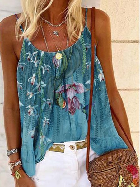 

Stampato senza maniche Casuale Misto Cotone Camicie & Top, Blu, T-Shirts