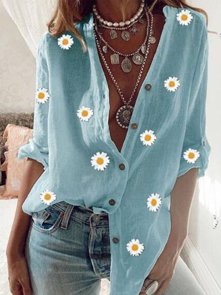 

Long Sleeve Shift Floral Shirt Collar Blouse, Blue, Blouses & Shirts