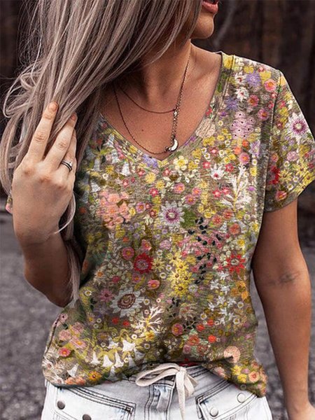 

Casuale Stampato Floreale Maniche Corte Top, Fiore, T-Shirts