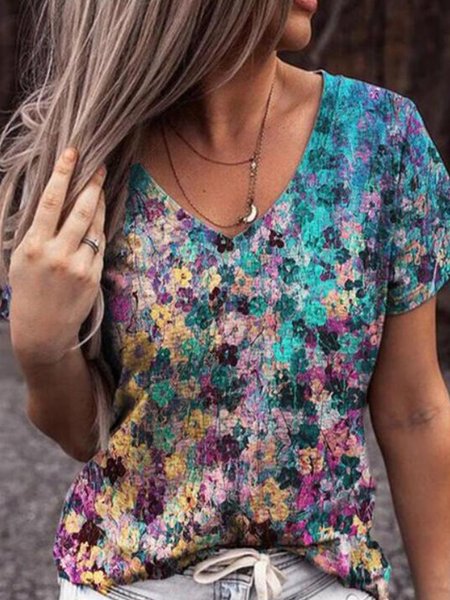 

Printed Floral Cotton-Blend Short Sleeve T-shirt, Multicolor, T-Shirts