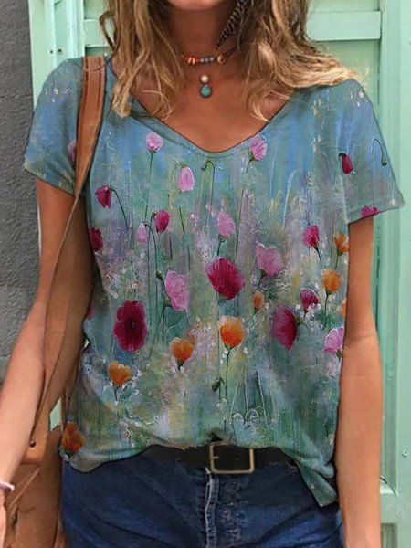 

Casual Holiday Flower Painting Print V-Neck T-shirt, As picture, T-Shirts