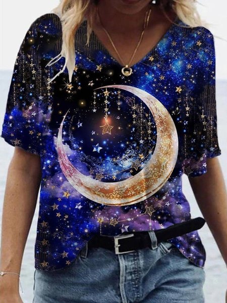 

Sparkling Moon Painting Print Casual Short Sleeve T-shirts, As picture, T-Shirts