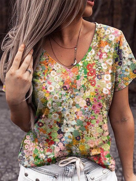 

Floral V Neck Short Sleeve Floral-Print T-shirt, Flower, Tops