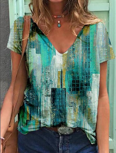 

Casuale Stampato Floreale Geometrico Scollo a V Top, Verde, T-Shirts