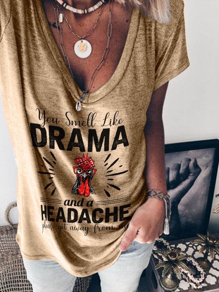 

You Smell Like Drama And A Headache Graphic V-Neck Short Sleeve Loose Tee, Khaki, T-shirts