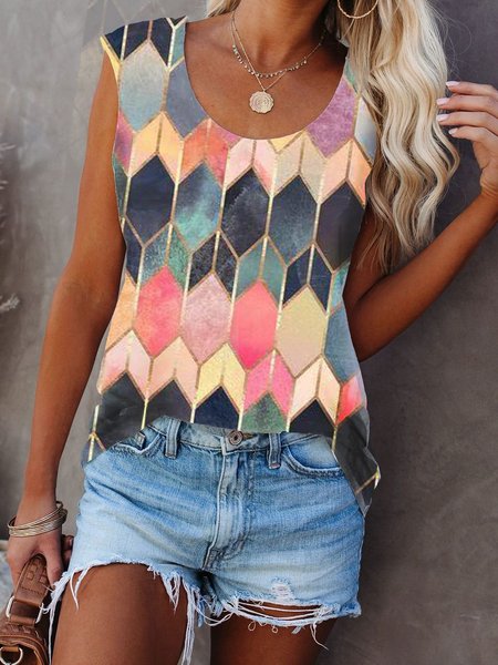 

Casual Sleeveless Geometric T-Shirts & Tops, Pink, Tanks & Camis