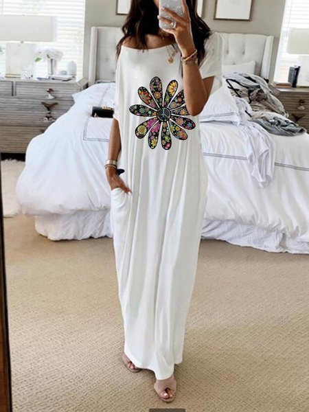 

Maniche Corte Astratto All'aperto Girocollo Abito, Bianco, Maxi Dresses