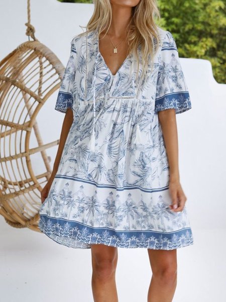 

Abito Floreale Scollo a V Maniche Corte Vacanza, Blu grigio, Mini Dresses