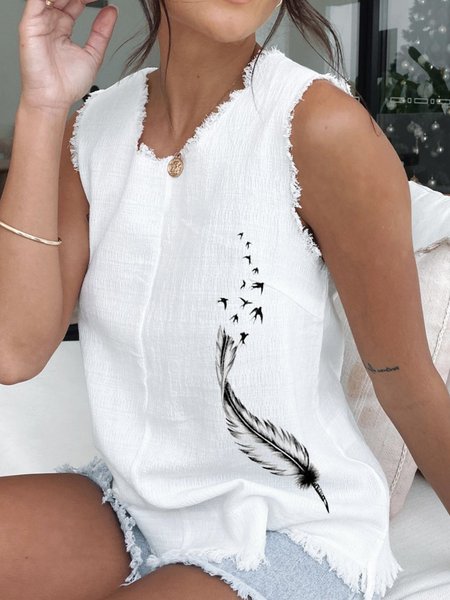 

V Neck Casual Sleeveless Shirts & Tops, White, Tops