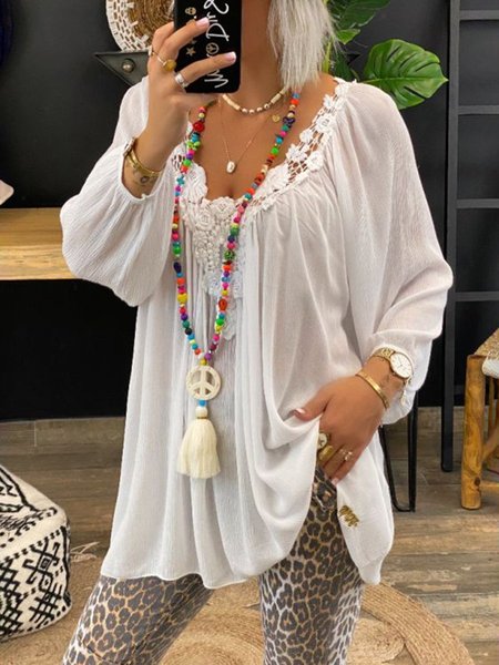 

Long Sleeve Lace V Neck Solid Tops, White, Blouses & Shirts