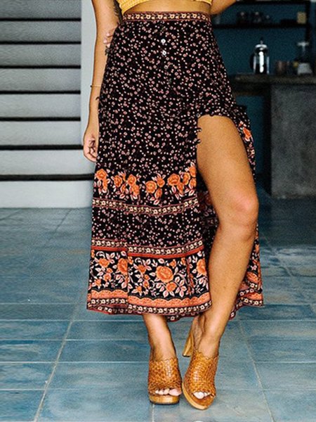 

Sexy Bohemia Beach Little Floral Slits A-Line Cotton-Blend Skirts, As picture, Auto-Clearance
