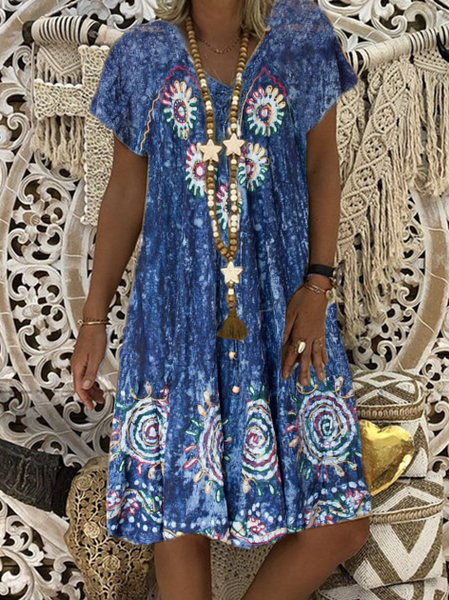 

New Women Chic Plus Size Vintage Boho Hippie Holiday V Neck Cotton Short Sleeve Weaving Dress, Purplish blue, Mini Dresses