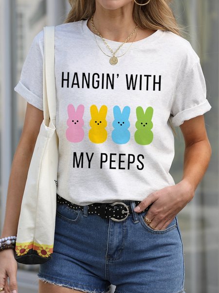 

Hangin's With My Peeps Crew Neck Cotton-Blend Casual Woman's Shirts & Tops, White, T-shirts