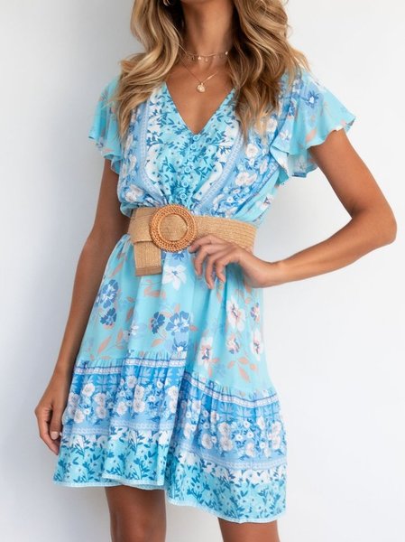 

Bohemian Scollo a V Floreale Maniche Corte Abito, Azzurro, Mini Dresses
