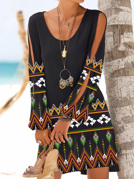 

Tribale Casuale Maniche Lunghe Abito, Nero, Summer dresses