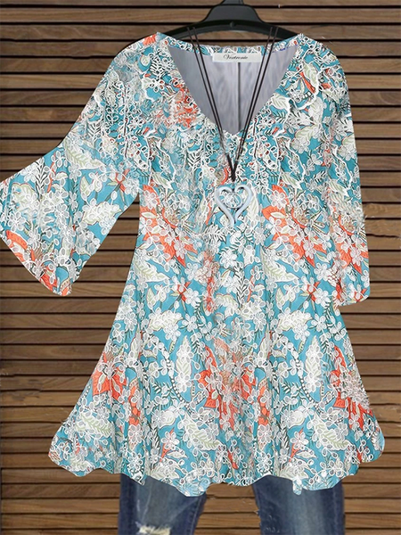 

Scollo a V Maniche Corte Stampato Floreale Casuale Top, Blu, T-Shirts