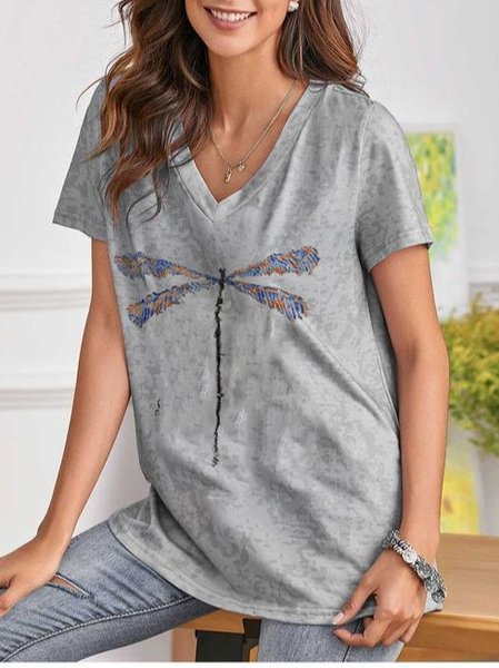 Maniche Corte Casuale Scollo a V Top, Grigio, T-Shirts