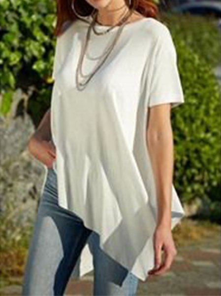 

Crew Neck Asymmetric Shift Casual Tops, White, Tees & T-shirts
