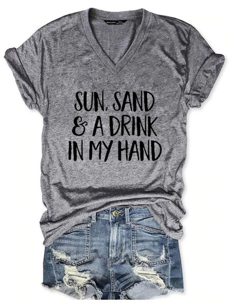 

Sun Sand and A Drink in My Hand Graphic V-neck Tee, Gray, T-shirts