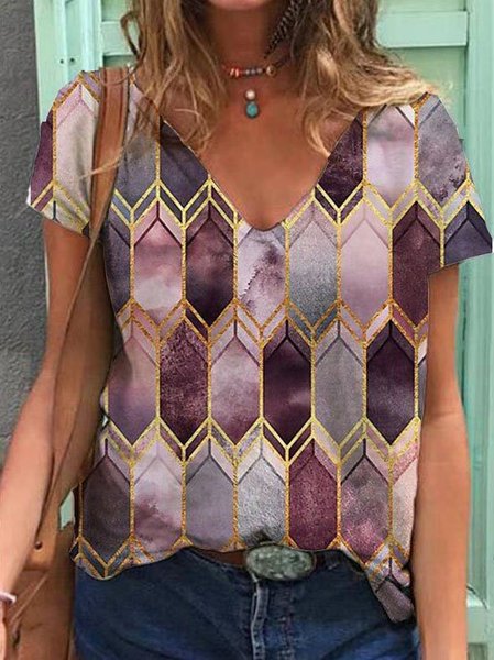 

V Neck Short Sleeve Cotton-Blend Casual T-shirt, Pink, Printed T-shirts