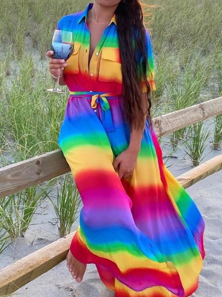 

Vintage Misto Cotone Dritto Colletto a Camicia Abito, Multicolore, Maxi Dresses