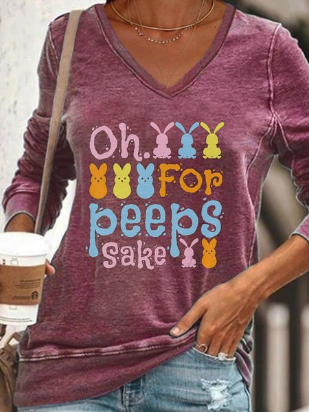 

Oh For Peeps Sake Easter Bunny Printed Casual Cotton-Blend Long Sleeve Woman's Shirts & Tops, Purple, T-shirts