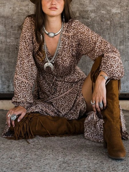 Leopardo Maniche Lunghe Vintage Abito, Summer dresses